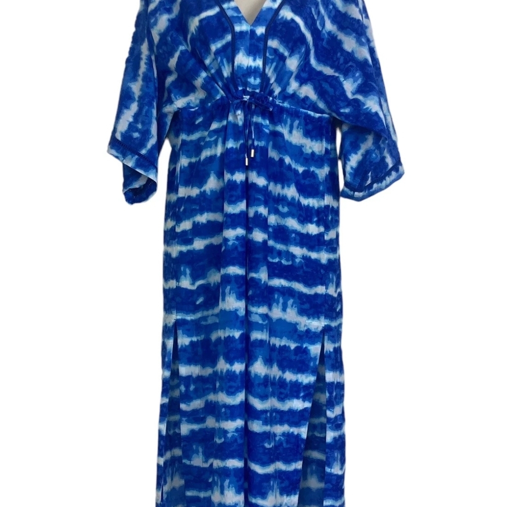 Blue Maxi Dress with V-Neck and Drawstring Waist